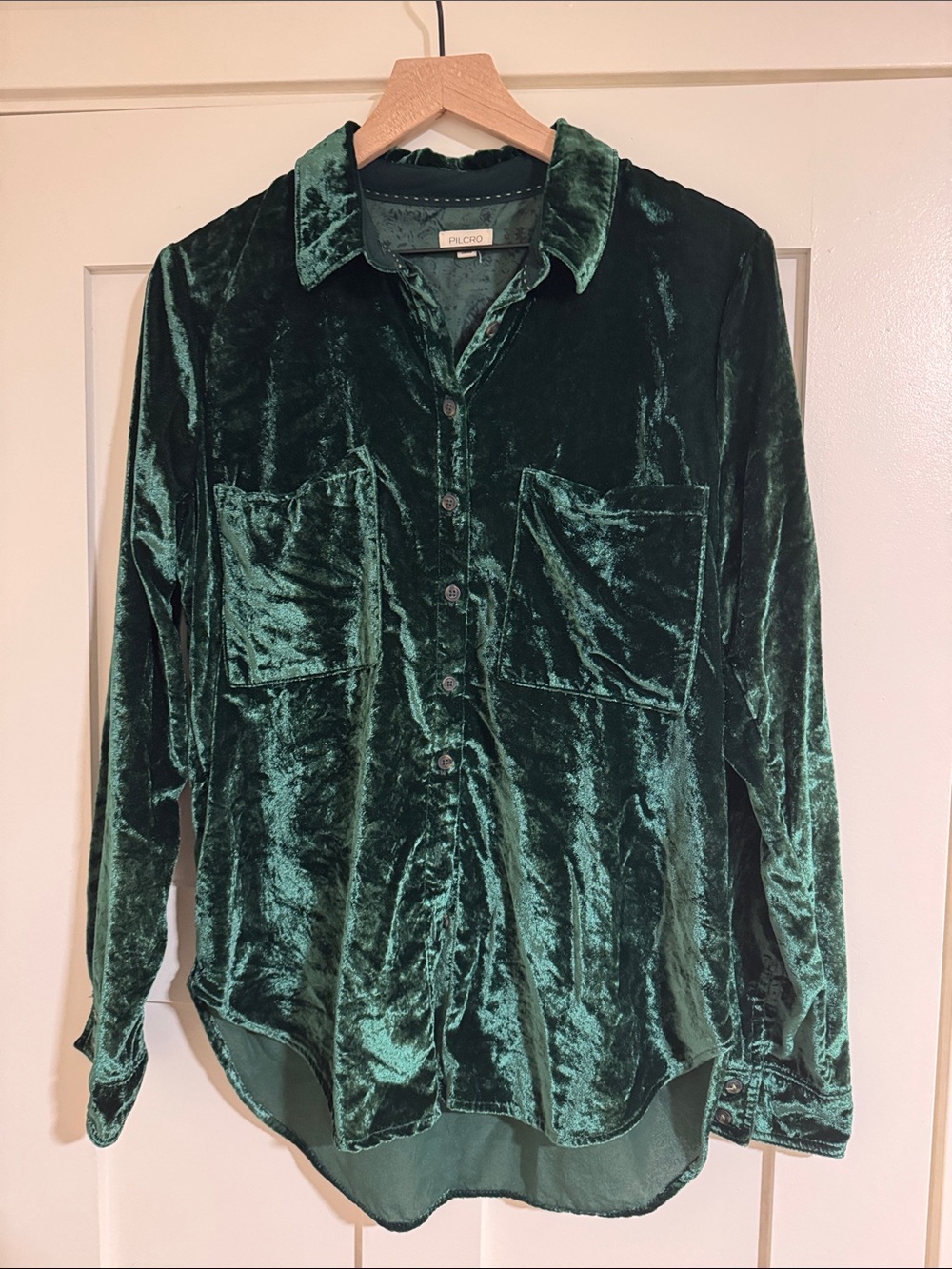 Pilcro Deep Emerald Green Velvet Button-Down Shirt